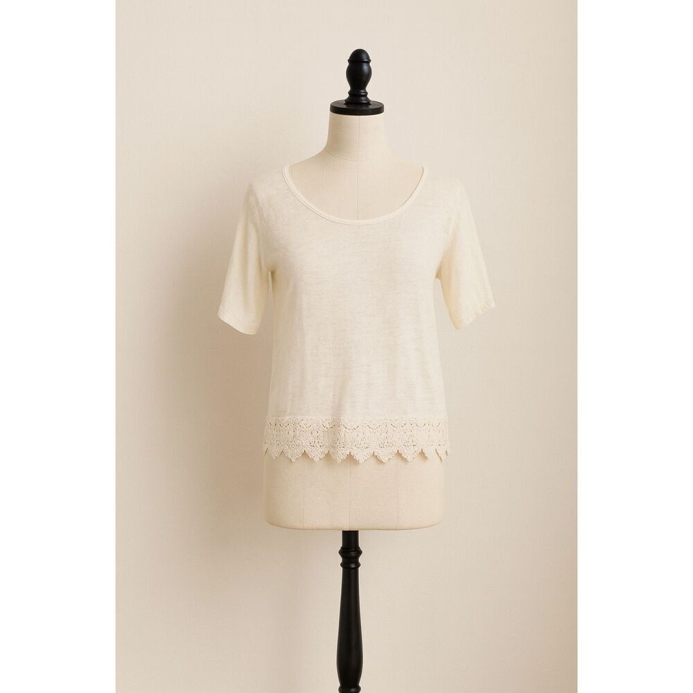 Rolla Coster Cream Short Sleeve Top with Crochet Hem | Size S